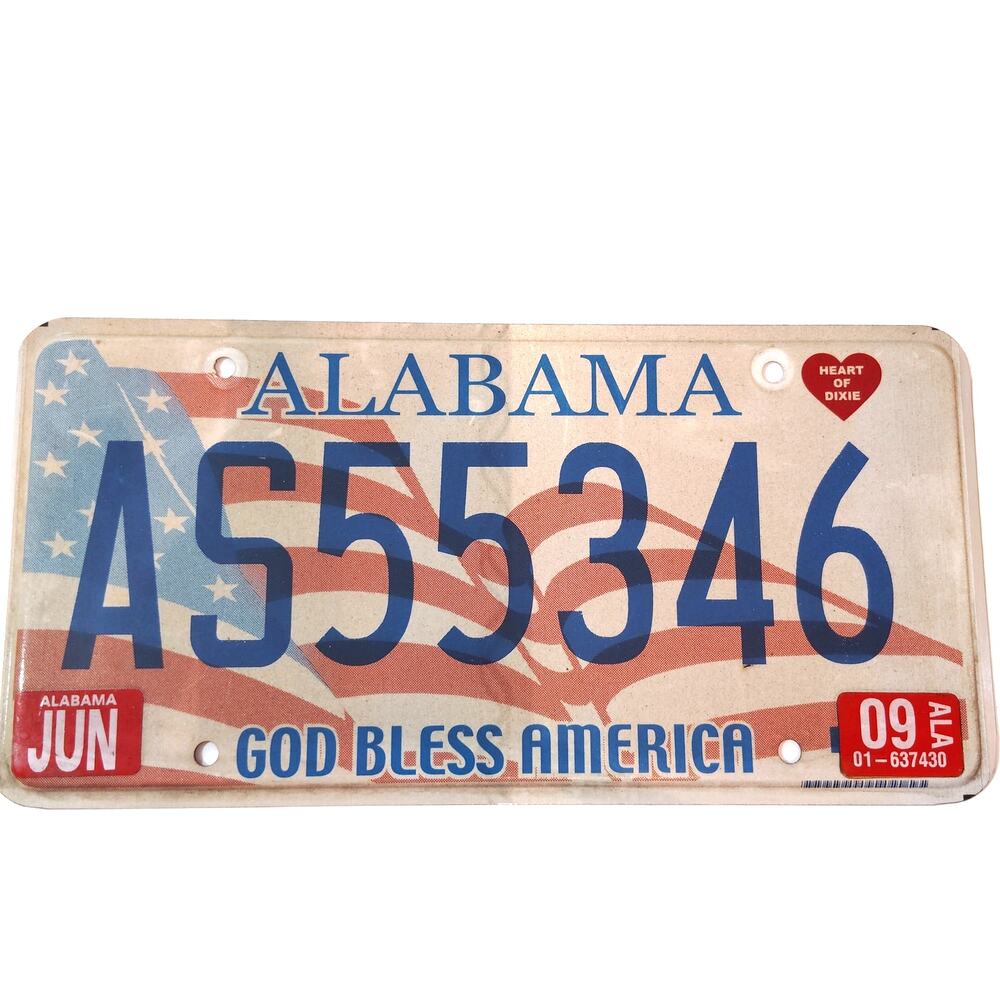 Vintage 2009 Alabama License Plate - God Bless America Flag Theme A555346